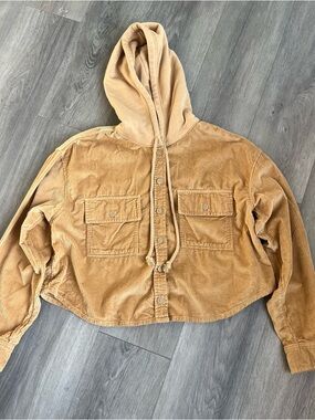 American Eagle AE Hooded Cropped Corduroy Button Up Shirt Shacket Small M Top